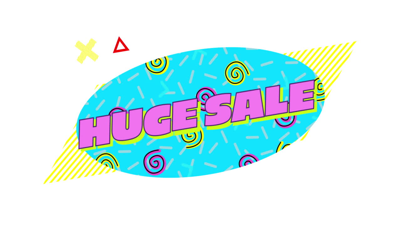 다채로운 모양 위에 리본으로 거대한 레트로 판매 텍스트