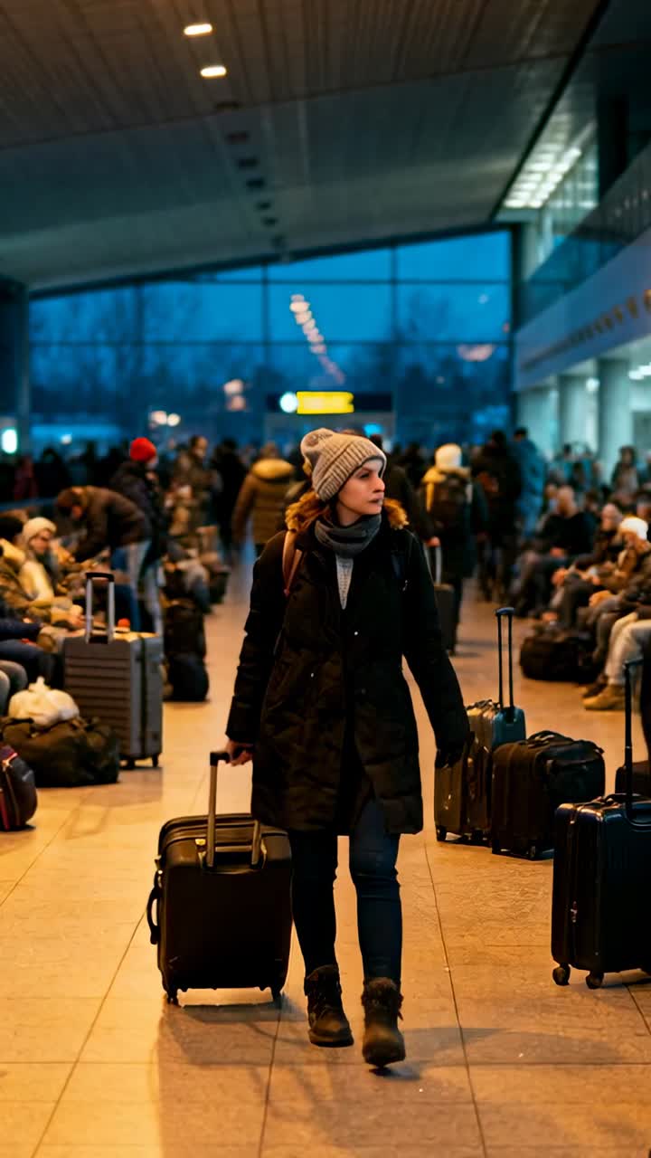 Vídeo vertical: Mujer con gorro arrastrando una maleta por la terminal, siguiendo una señal aérea