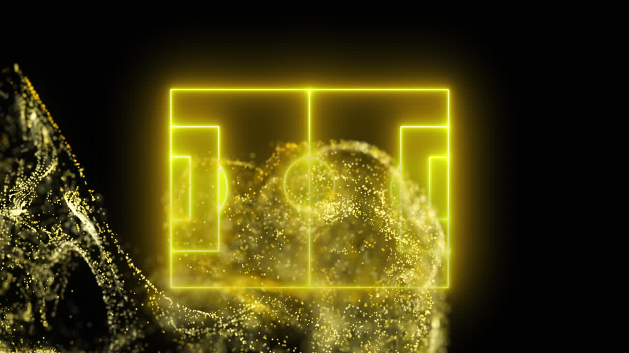 검은색 배경에 네온 축구장 레이아웃 위의 노란색 디지털 파동의 애니메이션