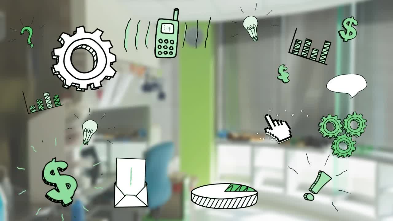 사무실 항목의 다채로운 아이콘이 배경에 초점을 맞추지 않습니다.