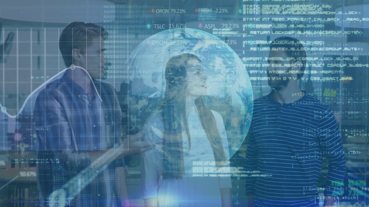 Discussing global data, diverse group in office with Earth and stock market animation