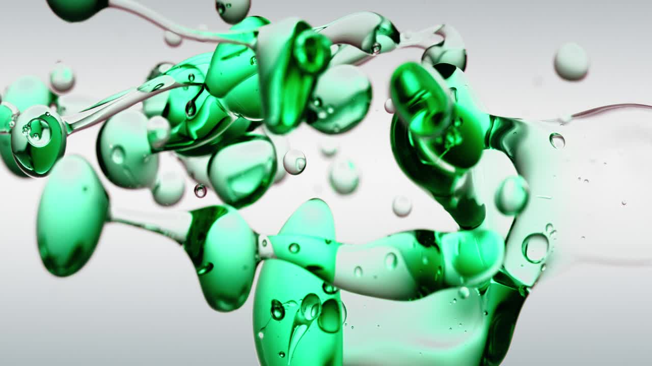 transparent cosmetic green blue oil bubbles and shapes on white background