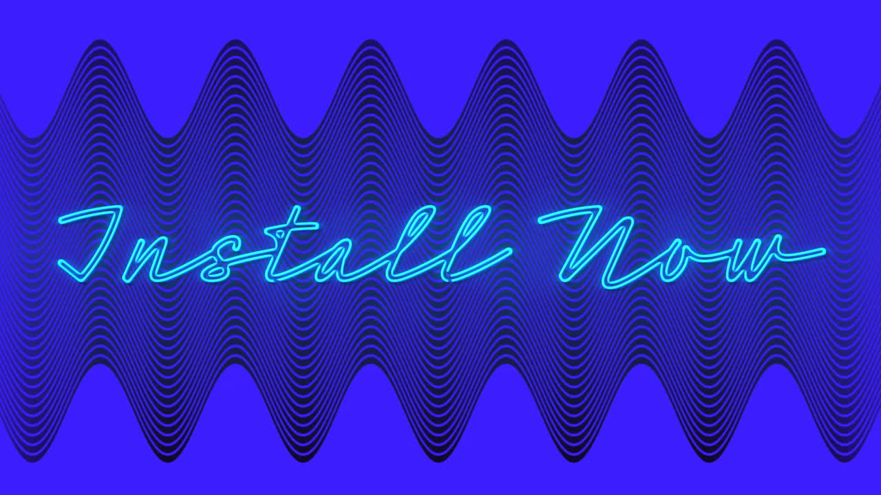 텍스트의 애니메이션, 지금 설치, 파란 네온, 파란 배경에 평행 파란 선을 이동