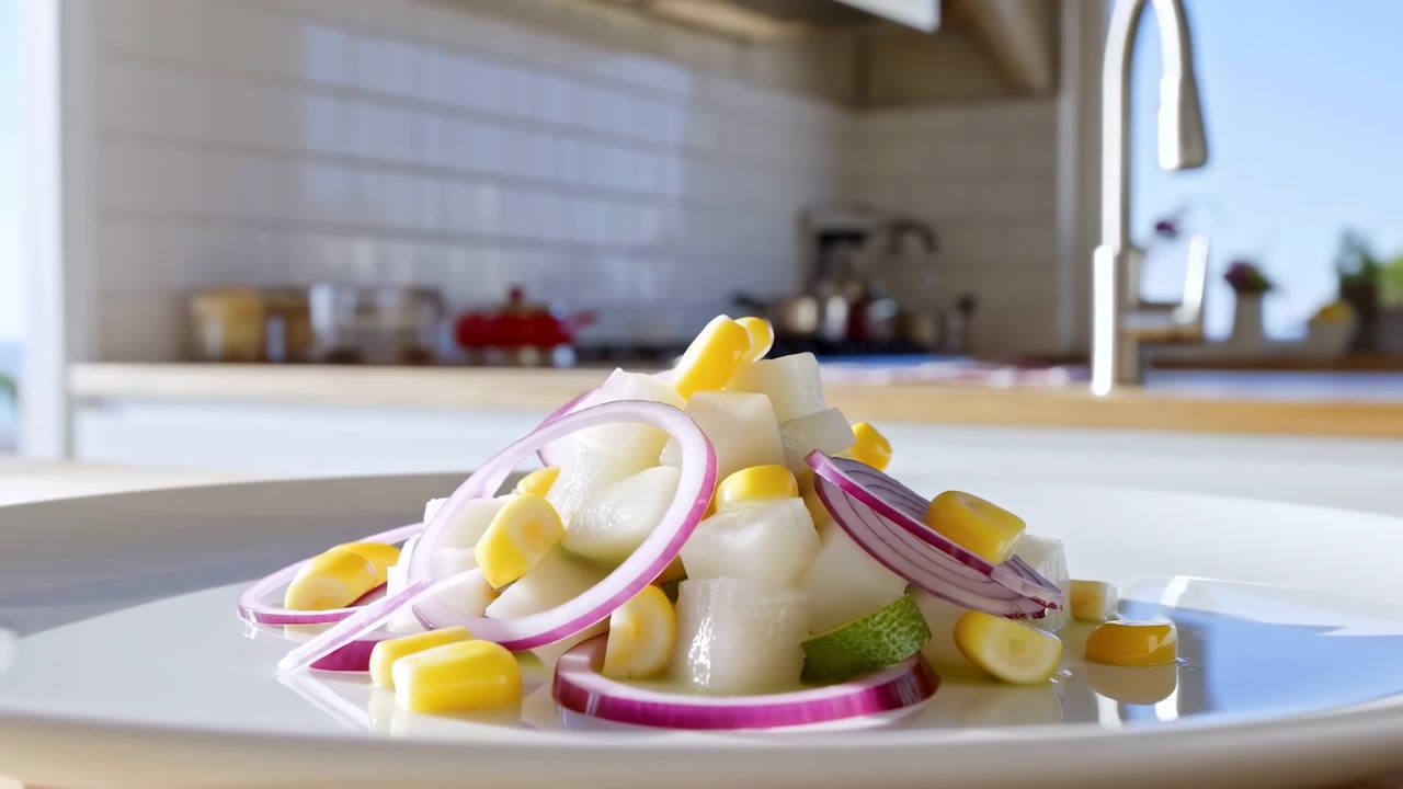 Piatto di insalata fresca di mais e cipolla rossa, scatto ravvicinato in cucina luminosa su piatto di ceramica bianca, cetrioli a cubetti lucidi