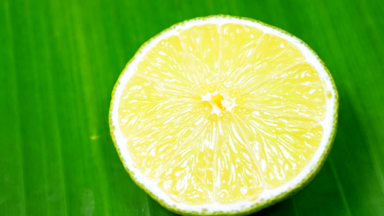 신선한 녹색 레몬 슬라이스는 세부 사항과 함께 스튜디오에서 천천히 회전하고 있습니다.