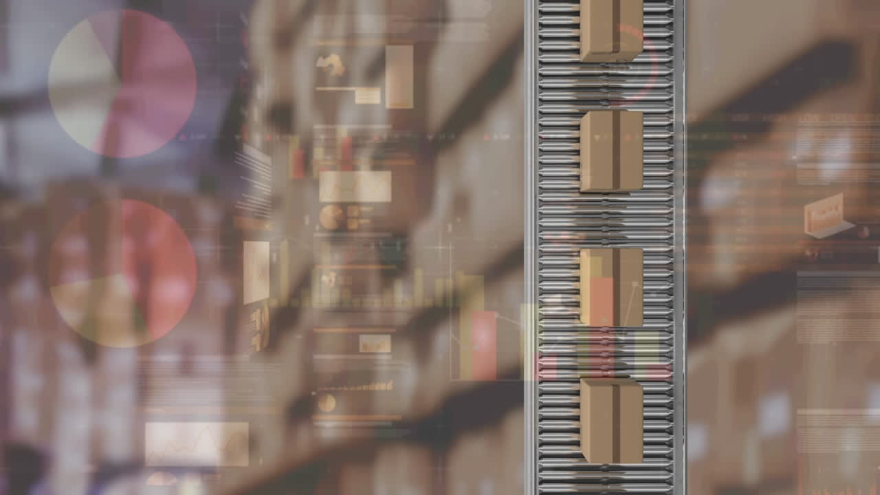 animación de estadísticas y procesamiento de datos sobre cajas de cartón en cinta transportadora