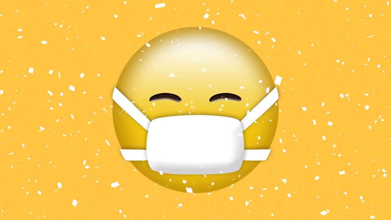노란색 배경에 얼굴 마스크에 있는 이모지 위에 떨어지는  ⁇  콘페티의 애니메이션