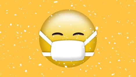Animation-Von-Weißem-Konfetti,-Das-über-Emoji-In-Gesichtsmaske-Auf-Gelbem-Hintergrund-Fällt