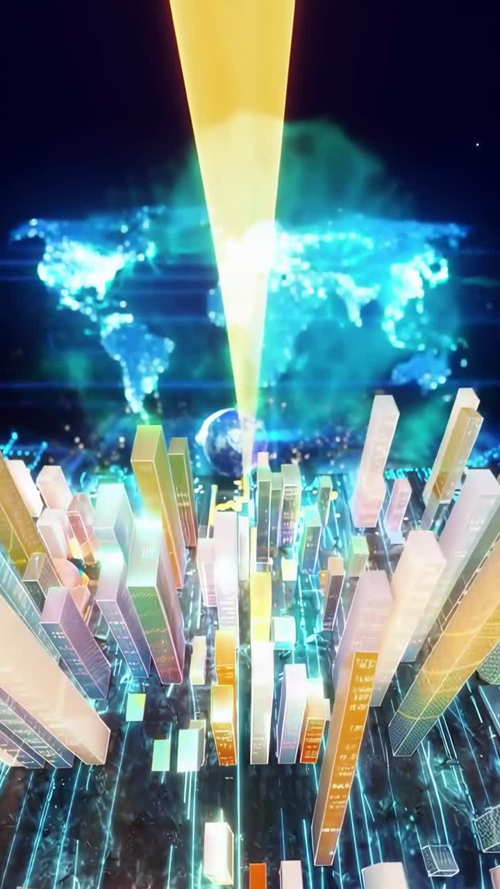 Konsep video futuristik dengan pemandangan sudut rendah gedung pencakar langit data yang bercahaya dan peta dunia digital