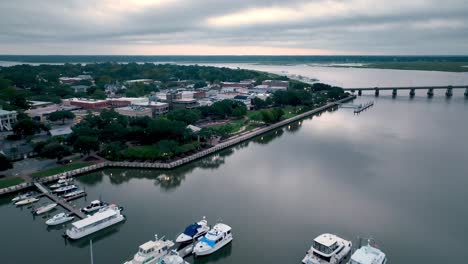 aerial push into downtown beaufort sc, south carolina over marina