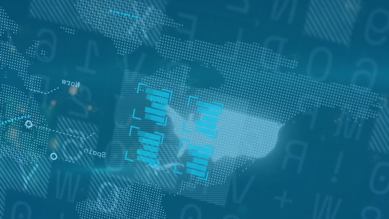 Animation of digital map with data processing elements and abstract blue patterns