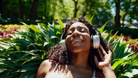 young woman enjoying music with headphones in a sunny park