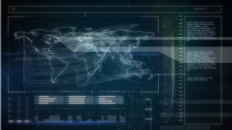 Animation of interface with data processing and world map against blue background