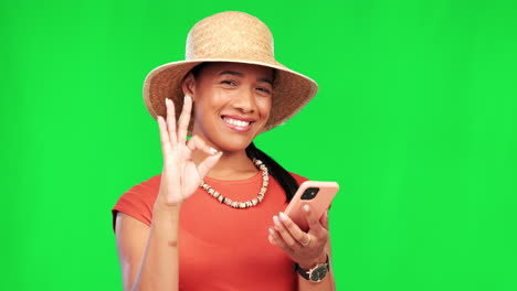 Okay,-phone-and-portrait-of-woman-in-green-screen