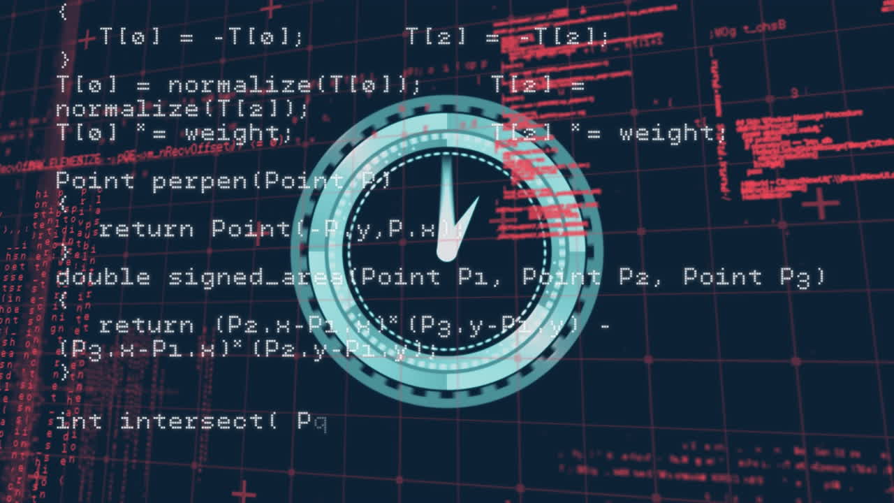 animación de escáner circular con esfera de reloj en la interfaz con rejilla con procesamiento de datos rojo