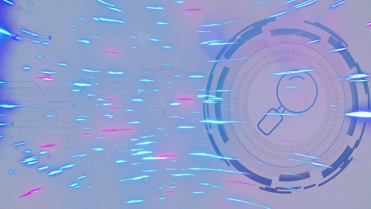 디지털 확대 유리 및 회로 라인을 가진 데이터 검색 애니메이션