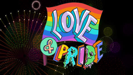 animation of love and pride text on rainbow flag and fireworks exploding on black background