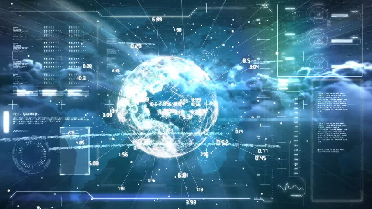 어두운 배경에 정보와 데이터가 있는 반 ⁇ 이는 지구를 보여주는 인터페이스의 애니메이션