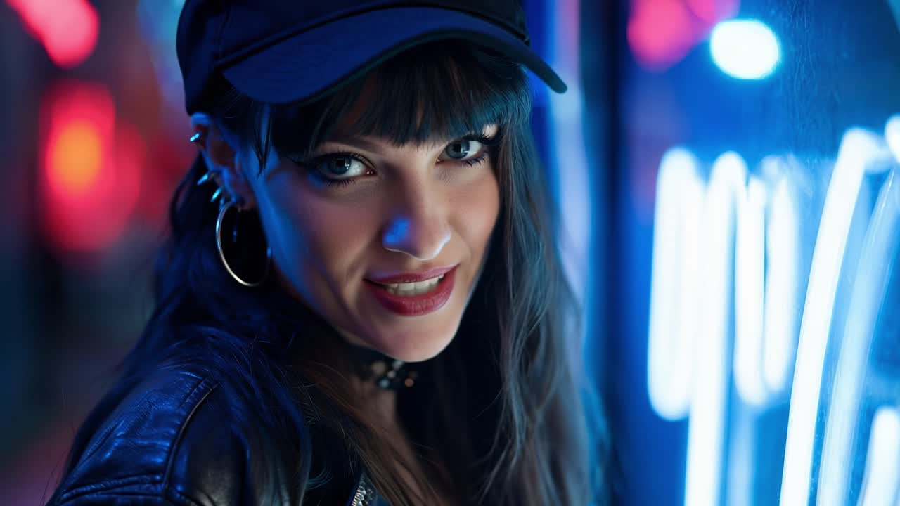 Giovane donna sicura di sé con berretto e giacca di pelle, tra luci al neon.