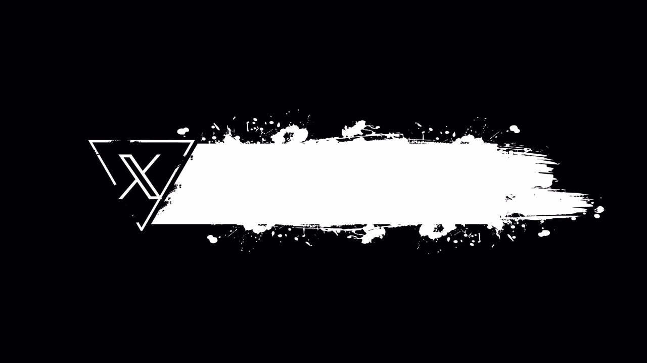 Title card astratto con logo a triangolo e traccia di pennello bianca su sfondo nero