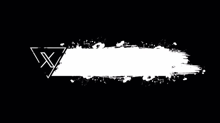 Title card astratto con logo a triangolo e traccia di pennello bianca su sfondo nero