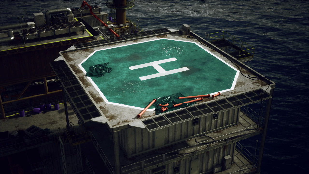 Detailed view of oil rig helipad with corrosion and markings