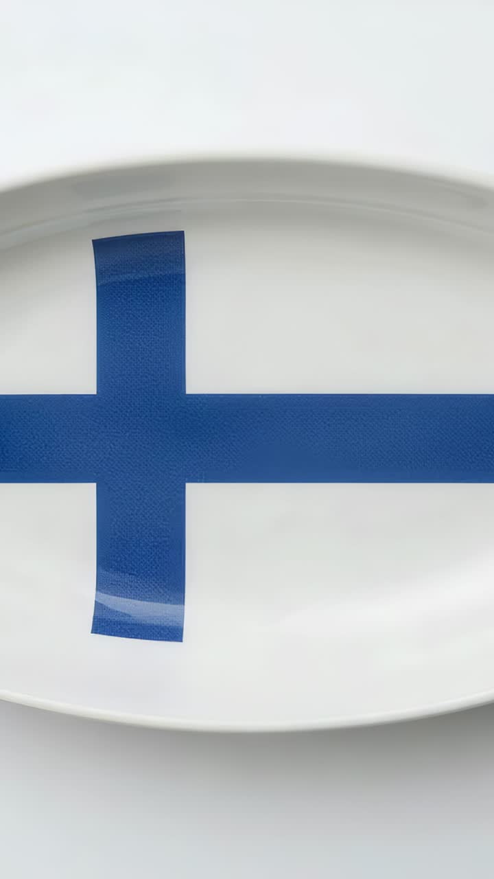 Vertical video: Drifting light creating highlights on white oval plate on tabletop, blue tape cross
