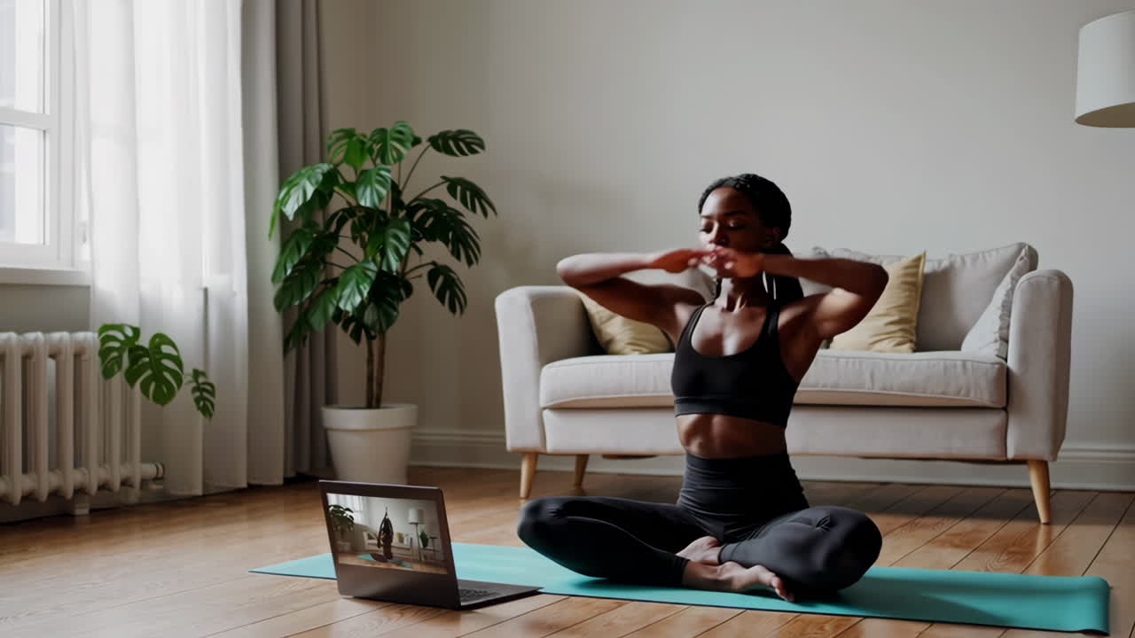 Mulher praticando yoga em casa com uma aula online