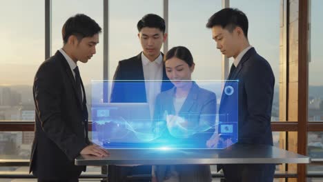 Business Professionals Interacting with Futuristic Holographic Data Display