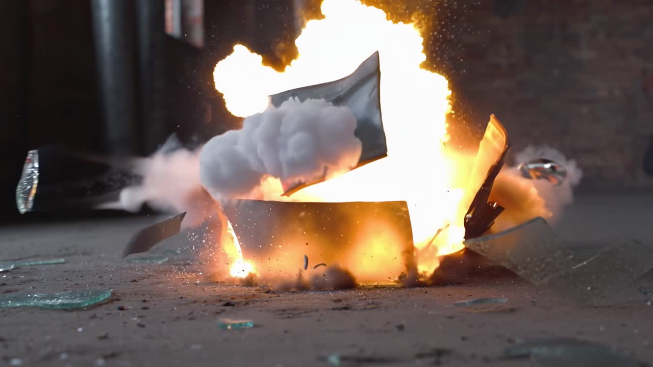 Vídeo em ângulo baixo de um barril de metal com chamas, ambientado em um espaço industrial com vidro espalhado