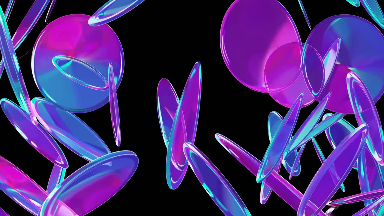 Abstract video art with vibrant purple and blue discs floating against a black background