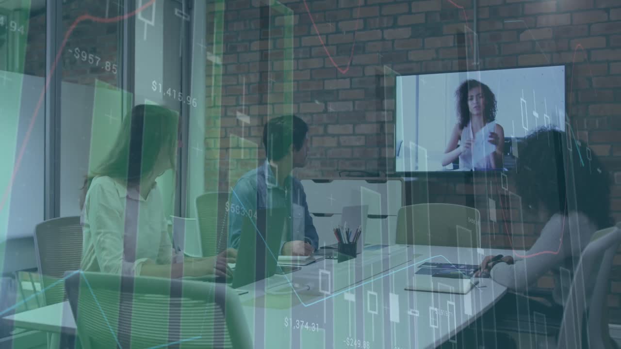 Animation of financial data processing over diverse business people in office
