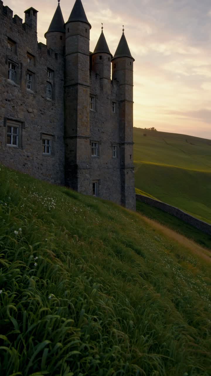 Un castello maestoso su una collina al tramonto, ripreso da un angolo basso. La scena evoca un video cinematografico.