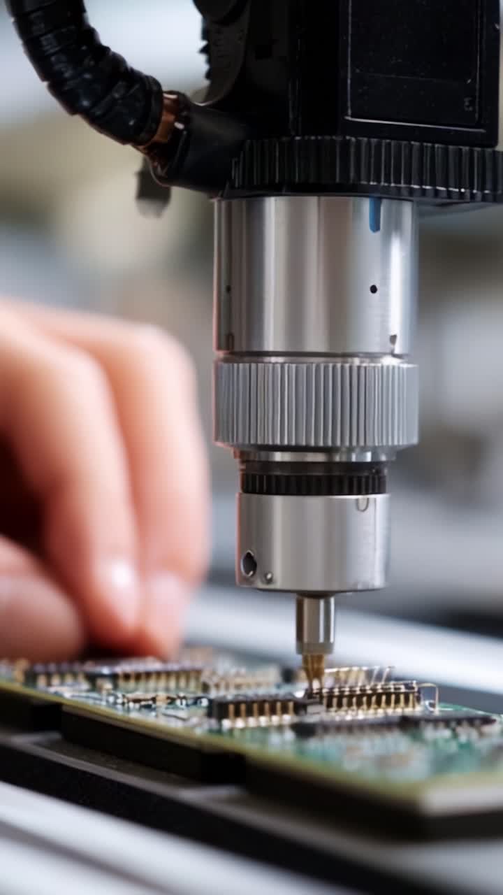 Precision Technology in Action: A Close-Up of a Circuit Board Being Professionally Assembled Using Advanced Equipment and Techniques for Electronic Components
