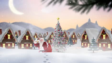 Santa-clause-in-front-of-decorated-houses-combined-with-falling-snow