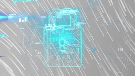 data processing over security padlock over light trails falling against grey background