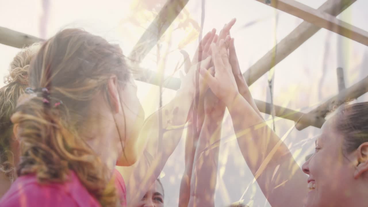 장애물 코스에서 다양한 여성들에 대한 잔디의 애니메이션 하이 파이빙