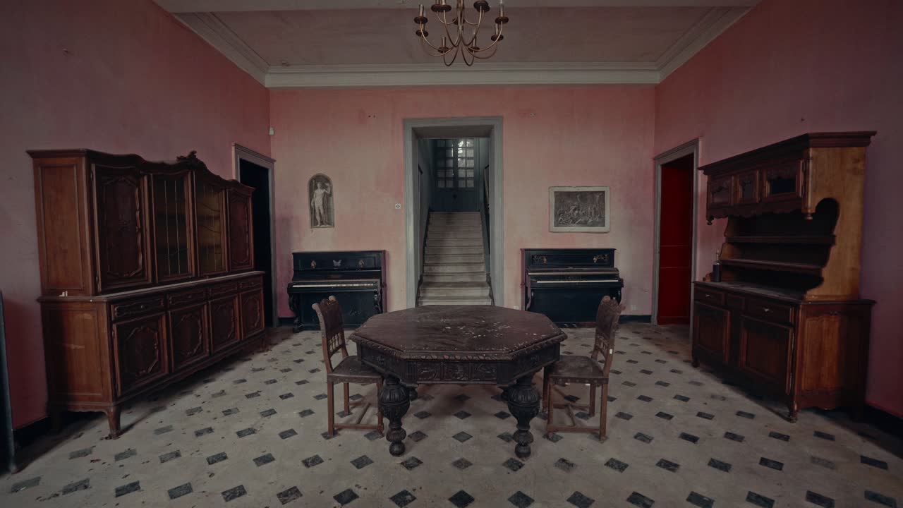 Eerie Abandoned Room with Vintage Furniture and Pianos