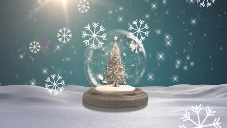 Animación-De-Nieve-Cayendo-Sobre-Un-Globo-De-Nieve-Con-árbol-De-Navidad-En-Un-Paisaje-Invernal.