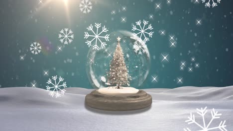 animación de nieve cayendo sobre el globo de nieve con árbol de navidad en un paisaje de invierno