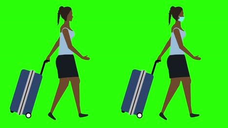 women with trolley walking cycle seamless loop , face mask version, green screen chroma key animation, flat design