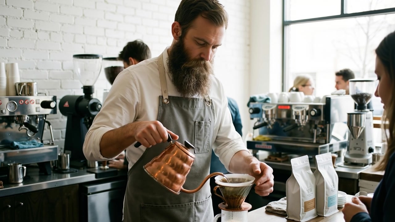 Side view of a barista preparing manual drip coffee with a kettle in a busy modern coffee shop