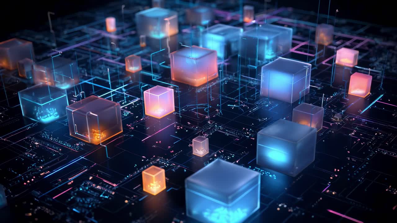 Futuristic video concept with glowing cubes on a digital grid High-angle view highlights the 3D