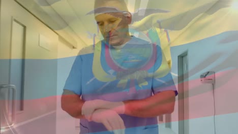 Animation-Der-Flagge-Ecuadors,-Die-über-Dem-Chirurgen-Im-Operationssaal-Weht