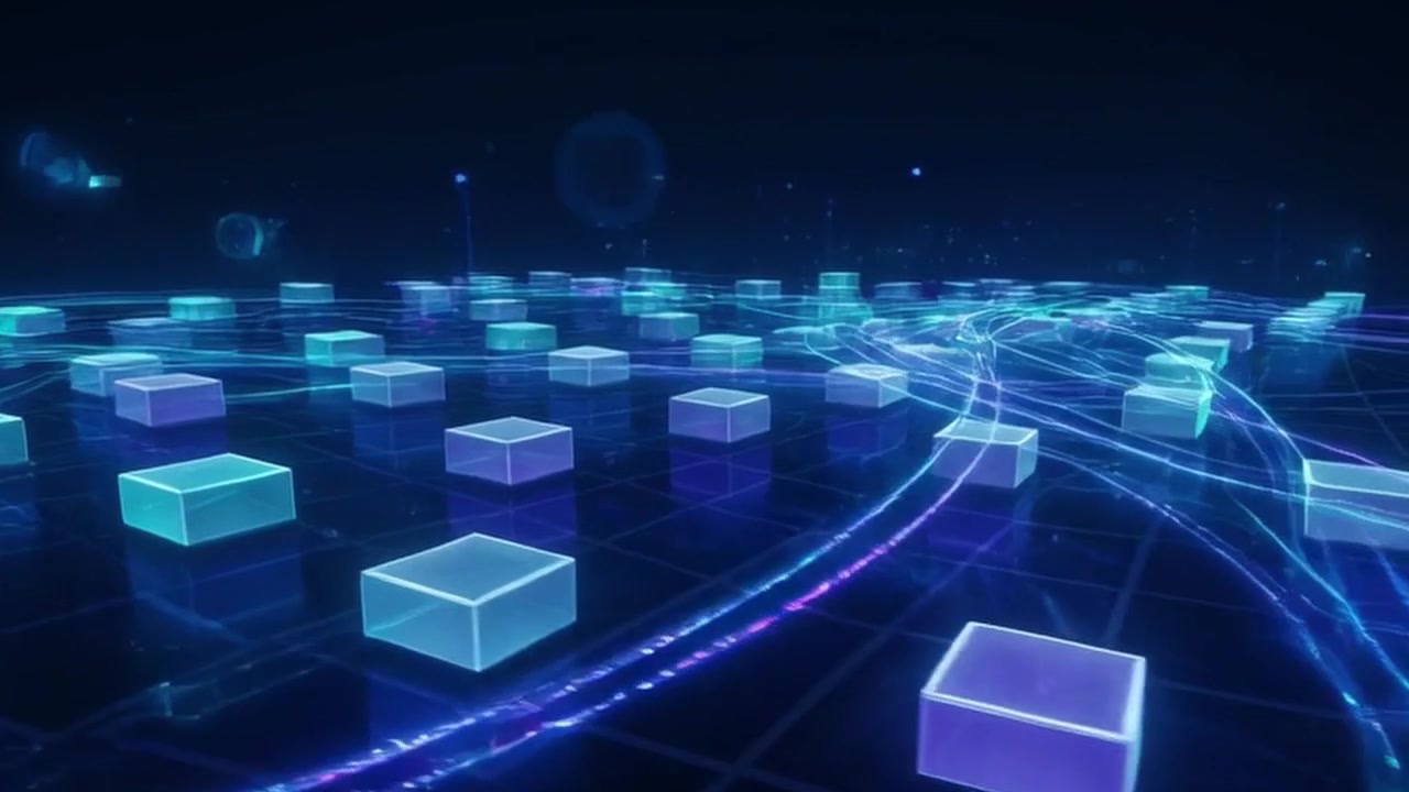 Digital Data Network with Glowing Cubes and Flowing Light Lines