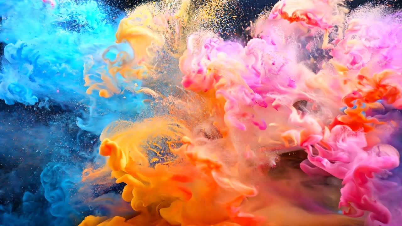 A colorful explosion of smoke and dust in the air. The colors are bright and vibrant, creating a sense of energy and excitement. The smoke and dust are swirling and dancing in the air