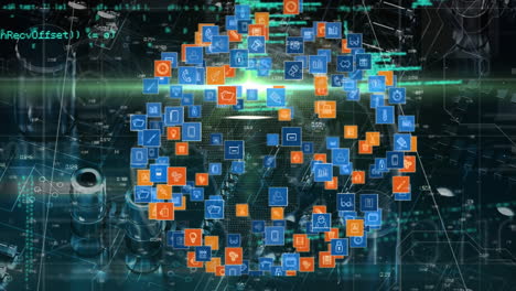 animación del globo de la red de conexiones con iconos digitales