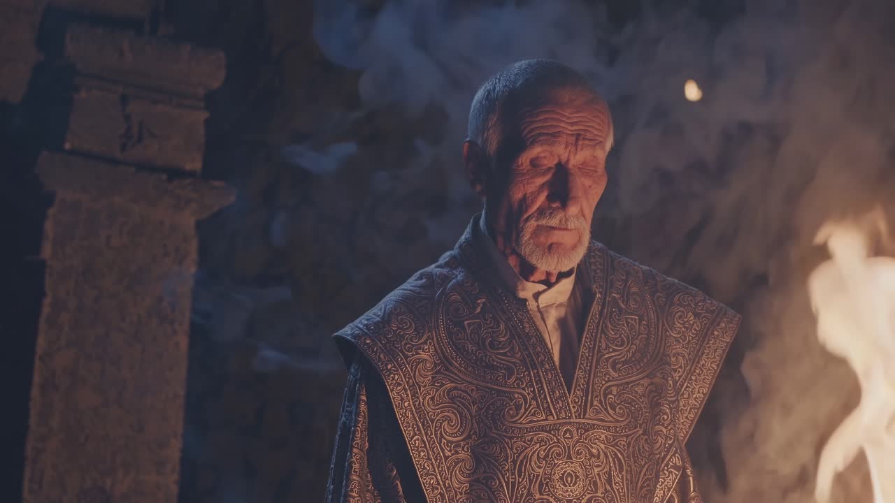 Elderly man in ornate robe stands amidst swirling smoke and flickering flames, conveying a mystical atmosphere and deep contemplation in a dramatic scene of transformation