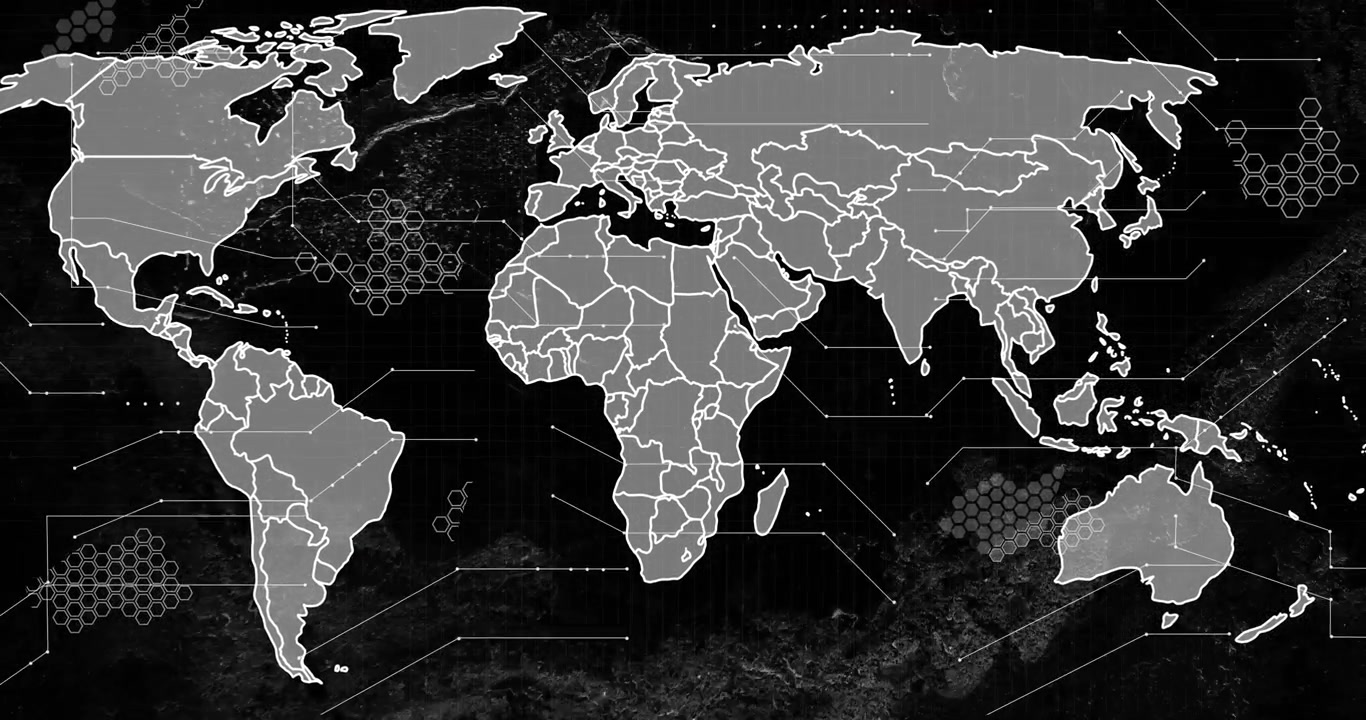 Mappa del mondo con continenti che si riempiono, partendo dal contorno delle Americhe, disegnando i confini e visualizzando una rete