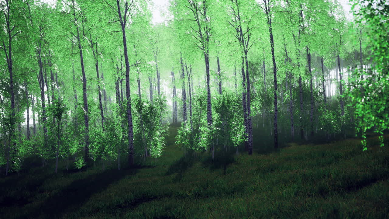 Lush forest landscape with vibrant green foliage in morning light